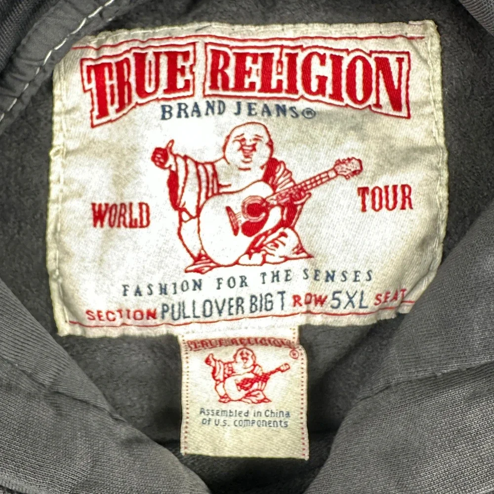 True Religion Hoodie Mens 5XL Black Pullover Big T Buddha Graphic Contrast